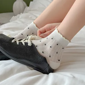 Summer sweet polka dot mesh socks with lettuce edge, lightweight breathable design.