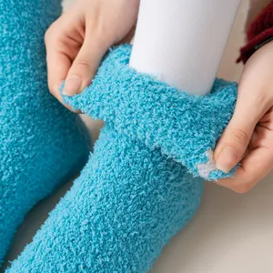 Cozy blue fluffy winter socks for women, comfortable warm soft plush mid-calf fleece hosiery