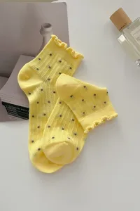 Summer ballet style women socks polka dot lettuce edge thin breathable mesh cute short socks