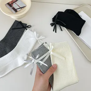 Women's Casual Cotton Mid-Calf Socks Solid Color Cute Bow Back Breathable Sweat-Absorbent Fashion Hosiery Daily Wear