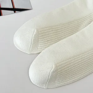 Detail view of plain white ribbed crew socks, showing soft knit texture and fine craftsmanship.