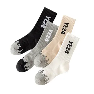 Cotton long tube socks with YE24 letters and flame toe design, four colors set of main shot