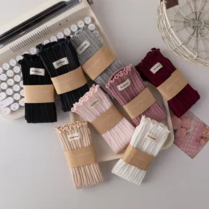 Women cute ruffle edge stacked socks vintage style comfortable cotton mid tube hosiery