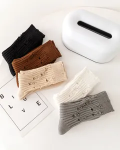 Distressed knit mid-calf socks for women autumn winter fashion casual cotton socks.