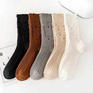 Distressed mid-calf socks for women and men, trendy knitted cotton hosiery for autumn and winter.