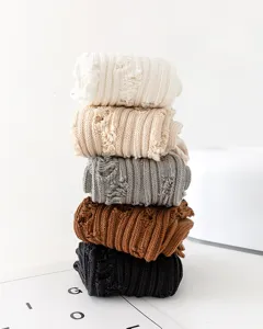 Autumn winter distressed knit socks for women, trendy high tube cotton socks, 5 colors stack.
