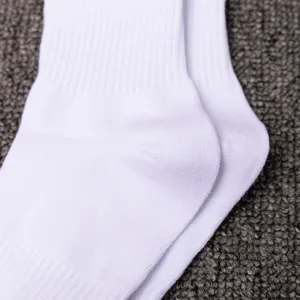 Plain white crew socks detail view, breathable cotton athletic socks for men and women.