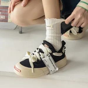 Women cute lettuce edge ribbed mid-tube socks cotton sweet slouchy socks footwear style