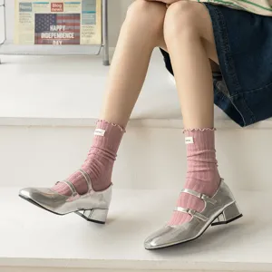 Women pink ribbed ruffle mid tube socks with cute little brand label sweet style daily wear