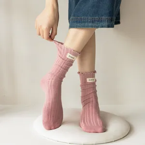 Women's pink ruffle ribbed mid-calf cotton socks sweet cute daily wear cozy hosiery 1pair