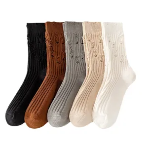 Distressed crew socks for women and men, trendy ribbed cotton socks in five classic colors.