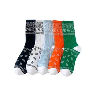 Trendy paisley bandana print mid-calf athletic cotton socks 5-pack for casual daily wear.