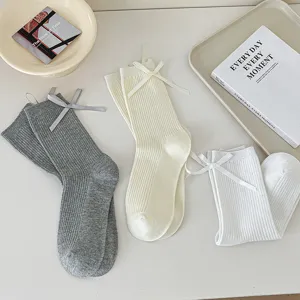 Women bow ribbed mid-calf socks thin cotton cute socks for spring and summer daily wear