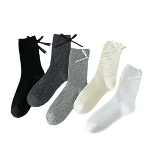Women ribbed mid-calf socks cute back bow casual daily spring summer long hosiery