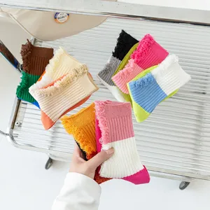 Women color block distressed socks, spring summer casual cute fringe mid high socks.