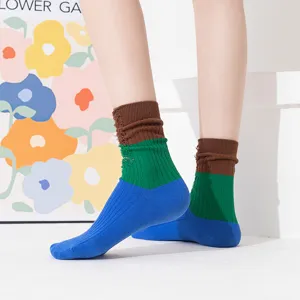 Women color block distressed mid-calf socks casual cotton slouch socks spring summer