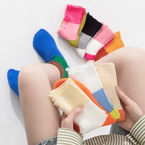 Colorful distressed women socks spring summer casual color block cotton crew socks fashion