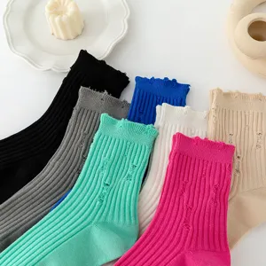 Casual distressed mid tube socks with trendy ribbed design, multi color soft cotton everyday wear