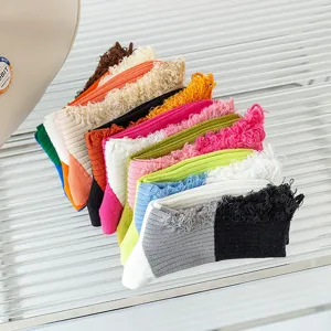 Colorful distressed color block mid-calf socks for women spring summer casual fashion.