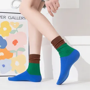 Women's colorful colorblock distressed mid-calf socks, thin spring and summer hosiery.