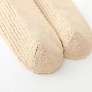 Close-up detail of light beige ribbed knit socks toe, showing soft texture and fine stitching.