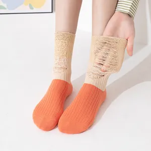 Women distressed color block socks, fashionable mid calf spring summer thin cotton socks.
