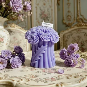 Lila Rosen Duftkerze Blumenstrauss Saeule Wachs Handgemacht Hochzeit Deko Geschenk