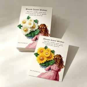 Floral scent candle greeting cards featuring charming daisy wax flowers and lovely girl illustrations.