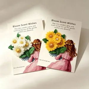 Floral scented candle card gift set with cute girl illustration, perfect home decor and party favor.
