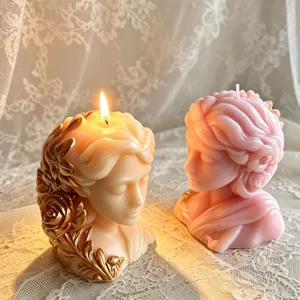 Exquisite meditation girl scented soy wax candle, vintage lace background home decor detail.