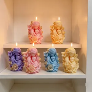 Handmade soy wax scented candle featuring mother and child hug design, floral home decor.