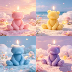 Cute sitting bear scented candle set, multi-color decorative wax for gift and home decor.