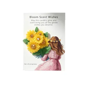 Scented candle featuring a charming girl holding yellow flowers on greeting card design.