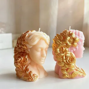 Exquisite meditation girl scented candle made of soy wax with gold floral decor for home decor