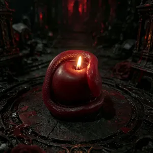 Dark gothic style snake apple scented candle detail, unique red wax home decor for Halloween.