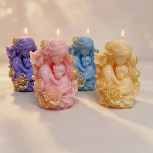 Handcrafted soy wax scented candle featuring mother child design with rose decor.