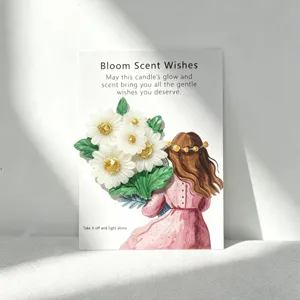 A detailed view of the floral scented candle card featuring an elegant girl illustration.