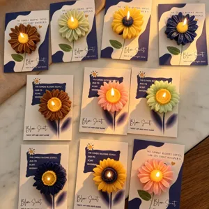 Detailed view of colorful sunflower scented candles on backing cards, perfect decor gift.