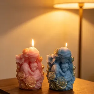 Close-up detail of mother and child scented candles with roses, pink and blue decor, soy wax.