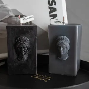 Vela perfumada pilar diosa cuadrada, negro y gris relieve cera decorativa minimalista.