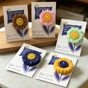Colorful sunflower scented candles set with decorative display cards, perfect table decor.