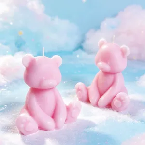 Cute pink sitting bear scented candle, adorable animal shape wax candle for home decor and gifts.