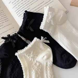 Women lace bow short socks detail view, breathable mesh cotton knit design for spring summer.