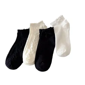 Women short cotton socks with sweet bows and hollow design, casual and soft for summer wear.