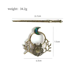 Retro Viking alloy hairpin set with wolf and moon design, detailed dimensions and weight view.
