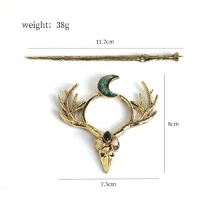 Vintage viking deer antler hair fork with crescent moon gothic hairpin set for women daily styling.