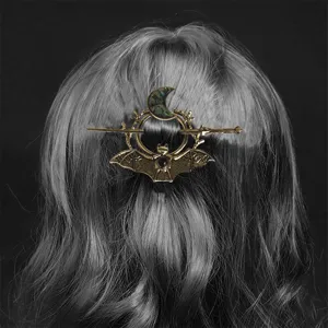 Vintage gothic bat crescent moon hair stick alloy viking hair fork for alternative cosplay.