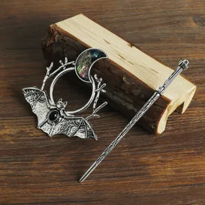 Gothic bat crescent moon hair stick vintage silver metal hair accessory for cosplay styling