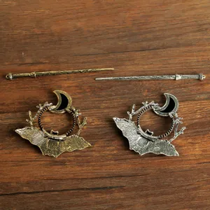 Viking vintage bat moon antler alloy hairpin set, gothic Halloween hair accessories detail view.