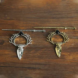 Vintage alloy hairpin set, gothic bat antler ring shawl pin and wand stick for daily cosplay.